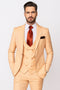 Men's peach three-piece suit: double-breasted vest, notch lapel blazer, and slim-fit pants. Solid peach color with a smooth finish. Blazer: fitted, two pockets. Vest: six buttons, V-neck.
