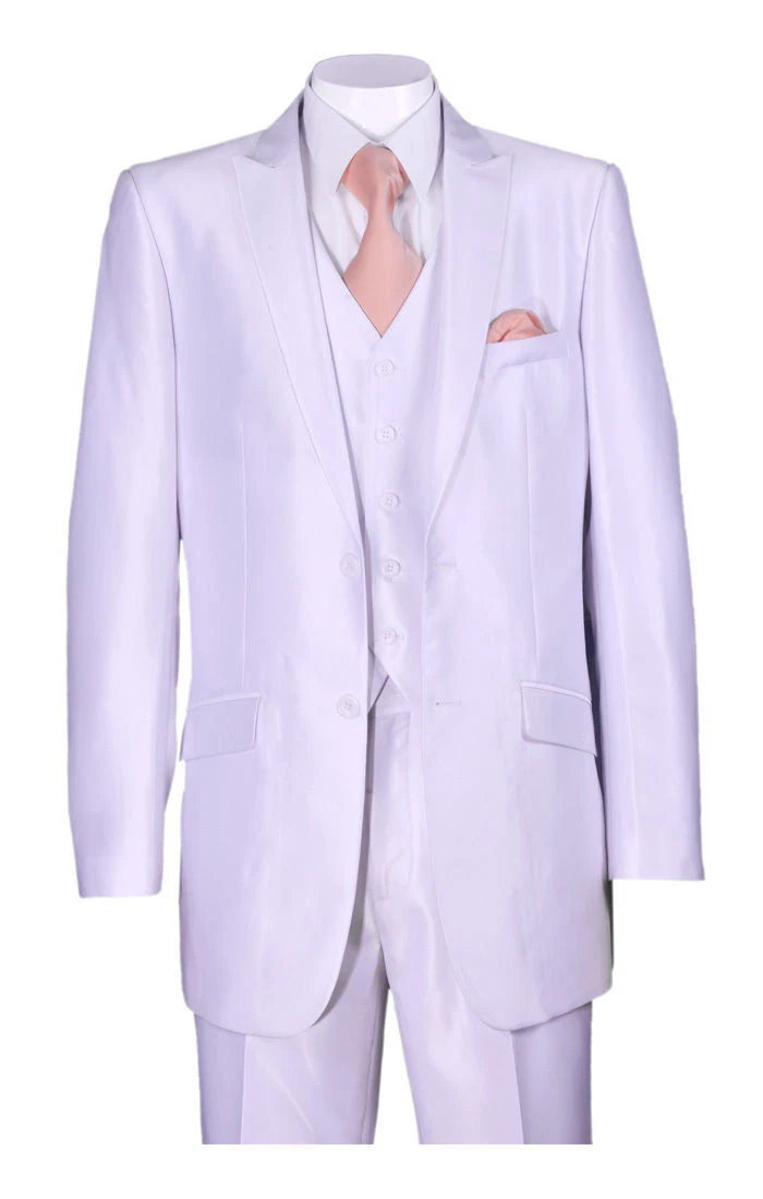 Men’s Shiny White Sateen 3 Piece Suit – Wedding Prom Formal Suit with Vest
