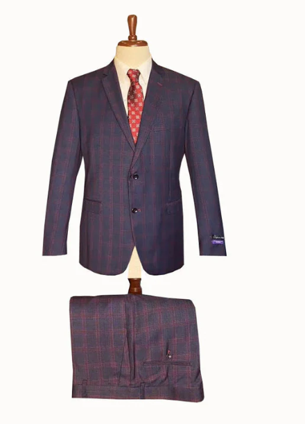 Navy blue & burgundy checkered men's suit. Plaid windowpane design. Fitted jacket with 2 pockets, single back vent. Flat-front trousers with side pockets.
