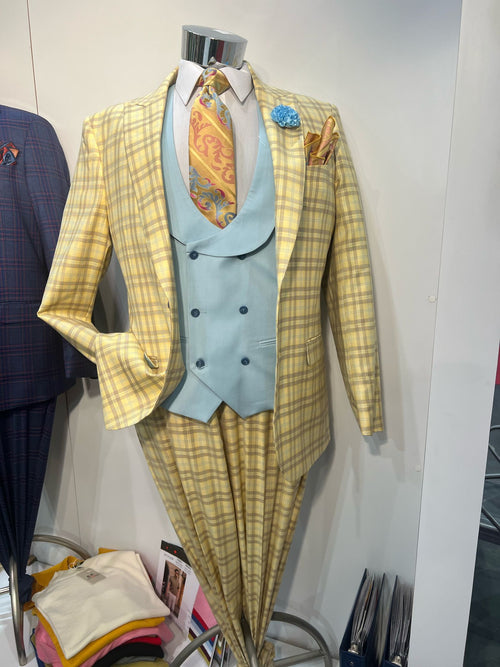 Men's Yellow Plaid Suit with Sky Blue Double-Breasted Vest and Multicolor Paisley Tie