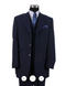 Men's 1920s navy blue zoot suit. Long jacket with wide lapel, matching vest, and pleated pants. Solid color, no patterns.