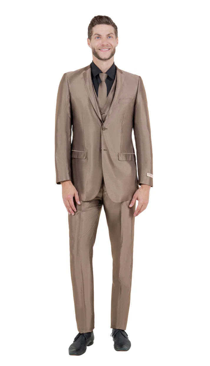 Men's shiny metallic 3-piece suit in mocca taupe gold bronze. Sateen finish, fitted shape. Includes jacket, trousers, and tie. Glossy and smooth.