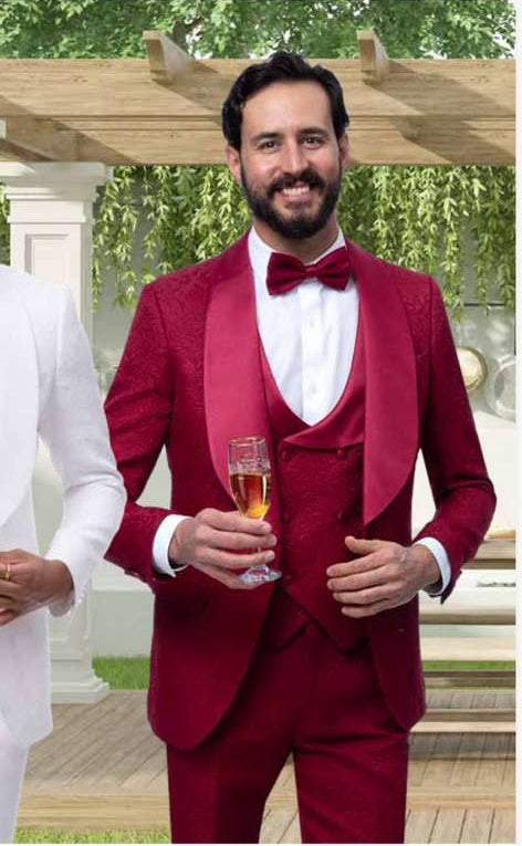 Mens Burgundy Wedding Tuxedo Suit – Paisley Three Piece Formal Suit Set with Shawl Lapel for Groom, Prom