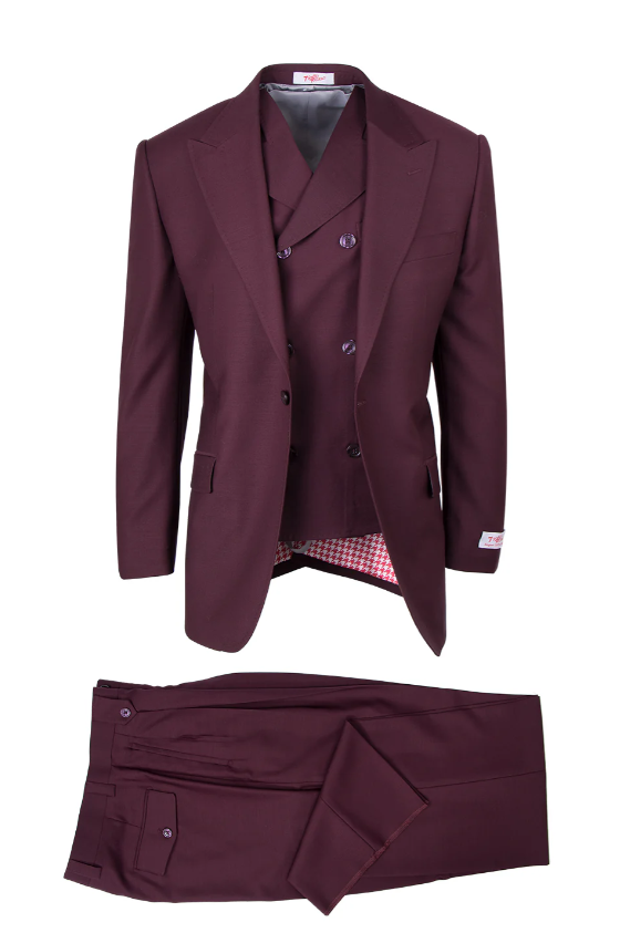 Tiglio Rosso Men’s Burgundy Wool Suit – Classic Fit Big Lapel Suit with Wide Leg Pleated Pants & Side Vents