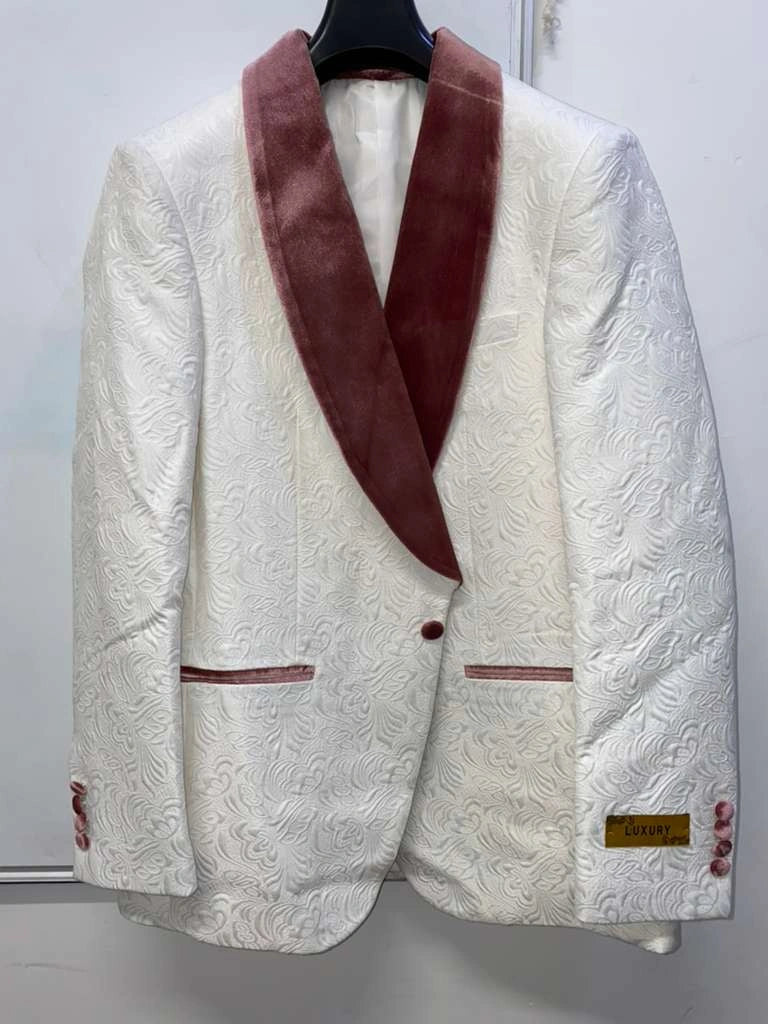 Men’s Ivory and Rose gold Floral Blazer – Elegant Shawl Lapel Formal Blazer Jacket for Wedding, Party, Prom