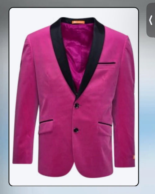 Men's fuchsia tuxedo blazer with black satin lapel, single-button closure, and two front pockets. Made from smooth, vibrant hot pink fabric.
