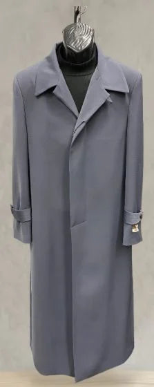 Charcoal grey men's overcoat with straight cut, notched collar, and long sleeves. Smooth, heavyweight fabric, front button closure, and rolled cuffs.
