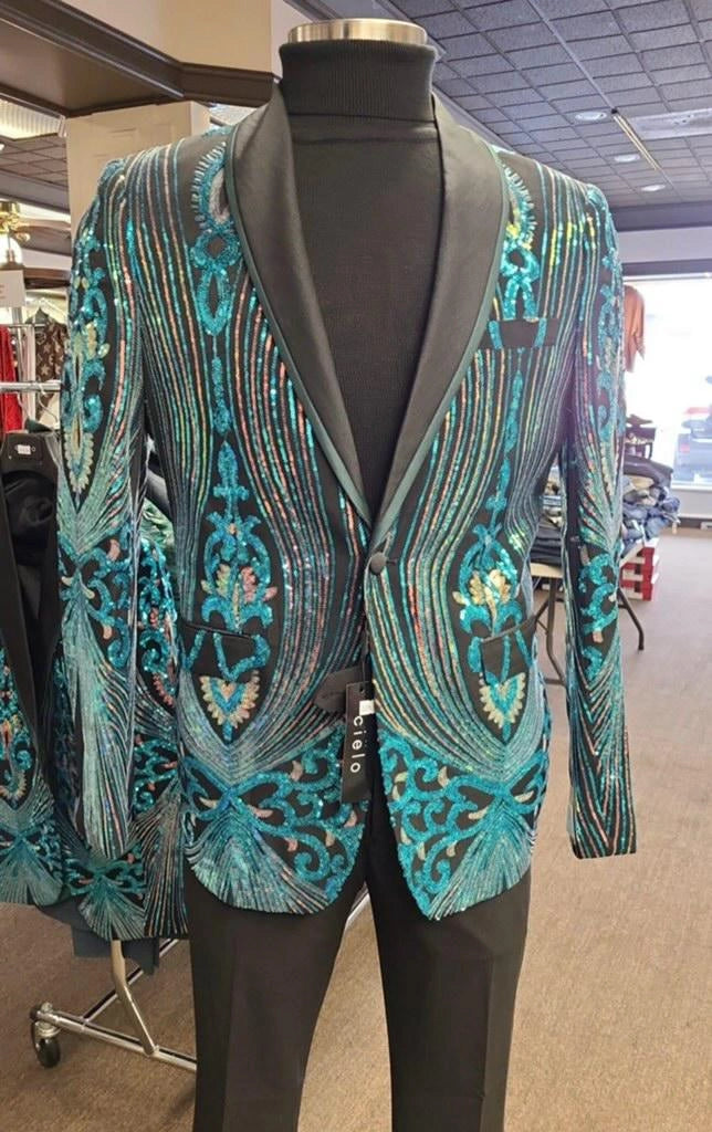 Men’s Black and Turquoise Blue With teal green Sequin Dinner Jacket, Formal Prom Wedding Paisley Floral Mardi Gra Pattern