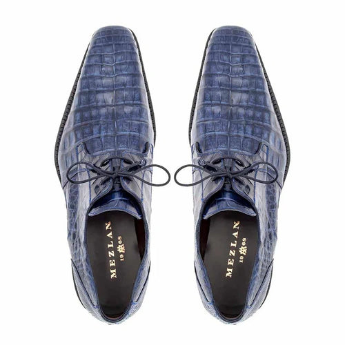 Mezlan Blue Crocodile Alligator Embossed Leather Dress Shoes for Men – Luxury Lace Up Oxford Shoes – Blue Exotic Pattern Formal