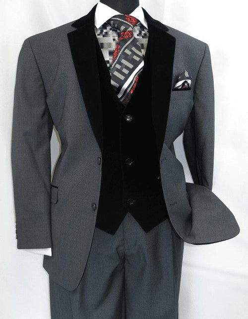 Men's Charcoal Gray 3-Piece Suit with Black Velvet Lapel â€“ Formal Business and Wedding Attire - Gray Tuxedo