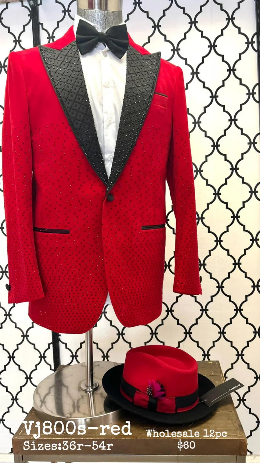 Men’s Red Velvet Fabric Rhinestone  Blazer with Matching Red and Black Hat – Christmas New Year Holiday Party Jacket Set