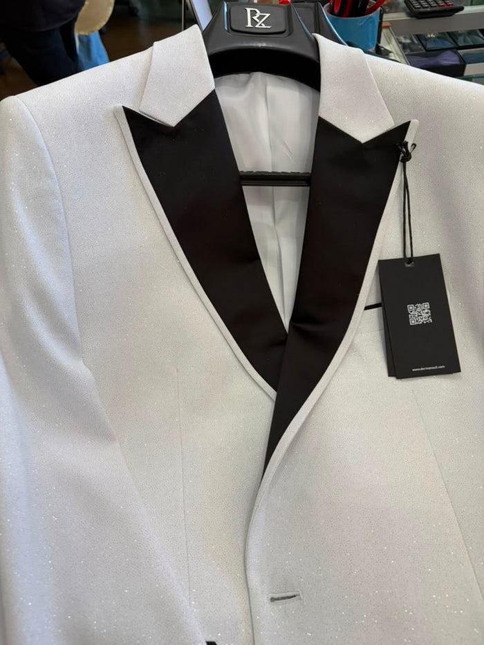 Men's White Sparkle Dinner Jacket – Black Satin Shawl Lapel Tuxedo Blazer   Slim Fit Sequin Shiny Prom Jacket