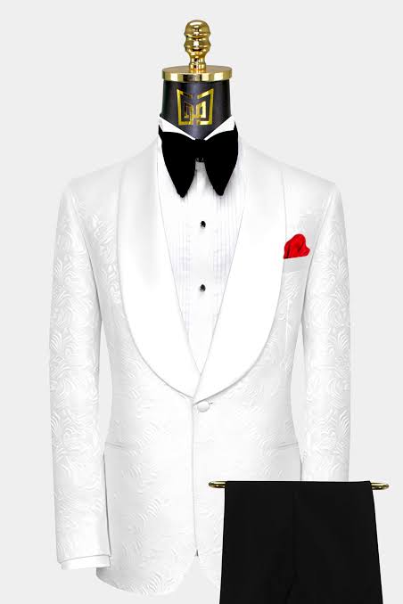 Men’s White Floral Tuxedo Jacket – Shawl Lapel Wedding & Prom Dinner Jacket