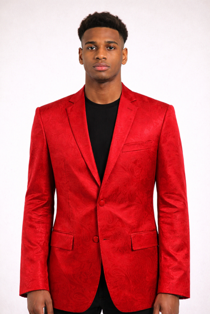 Men's red paisley velvet blazer. Structured fit, notched lapel, chest & front pockets. Rich velvet fabric with a paisley pattern.

