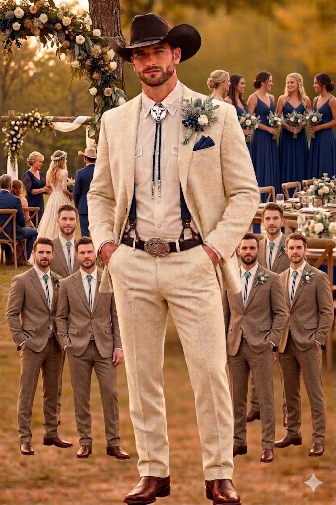 Men’s Natural Sand Linen Western Suit – Cowboy Wedding Jacket & Pants Linen Suit