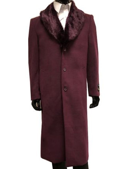 Men's burgundy three-quarter coat with faux fur collar. Straight silhouette, long sleeves, button closure, and side pockets. Solid color, classic design.
