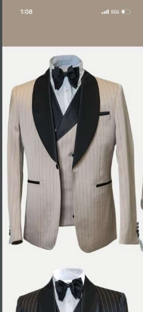 Men’s Beige Pinstripe Western 3 Piece Tuxedo Suit with Black Shawl Lapel, Formal Cowboy Wedding Prom Suit in Tan Khaki Color