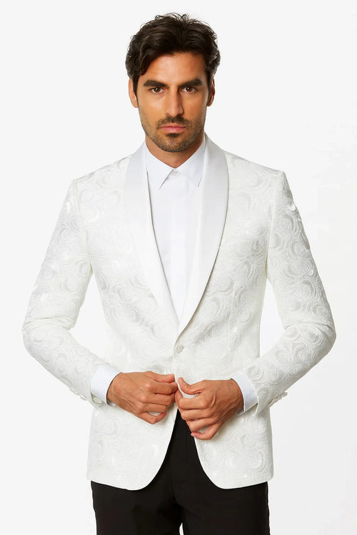 Men’s White Paisley Disco Blazer 1980s Style Jacket – Shawl Lapel Formal Party Blazer, Elegant Masquerade Club Wear, Stylish Evening Outfit
