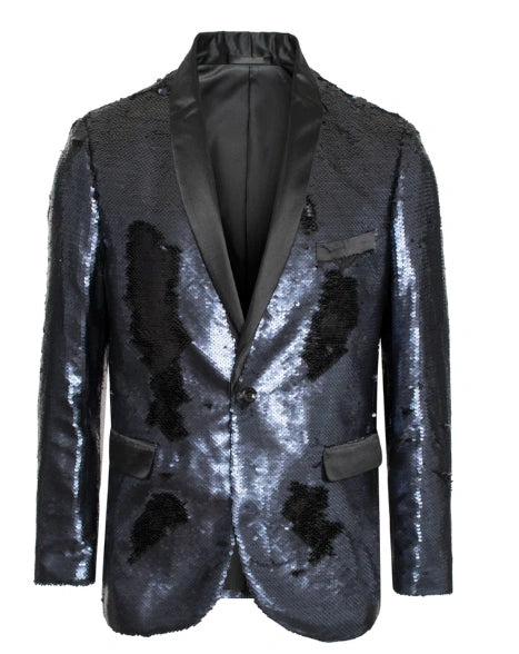 Men’s Navy Sequin Blazer – Navy Blue Sparkle Sequin Formal Blazer with Satin Lapel for Prom, Party and Evening Events