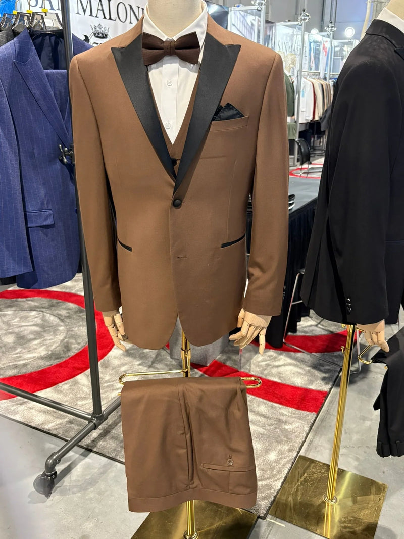 Men’s Light Brown Western Tuxedo 3 Piece Suit with Black Peak Collar Lapel, Country Look Cowboy Suit