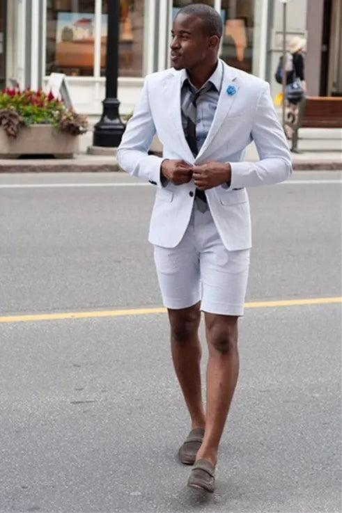 Men’s Cotton Fabric White 2 Piece Summer Suit with Shorts, Casual Beach Wedding and Resort Formal Outfit