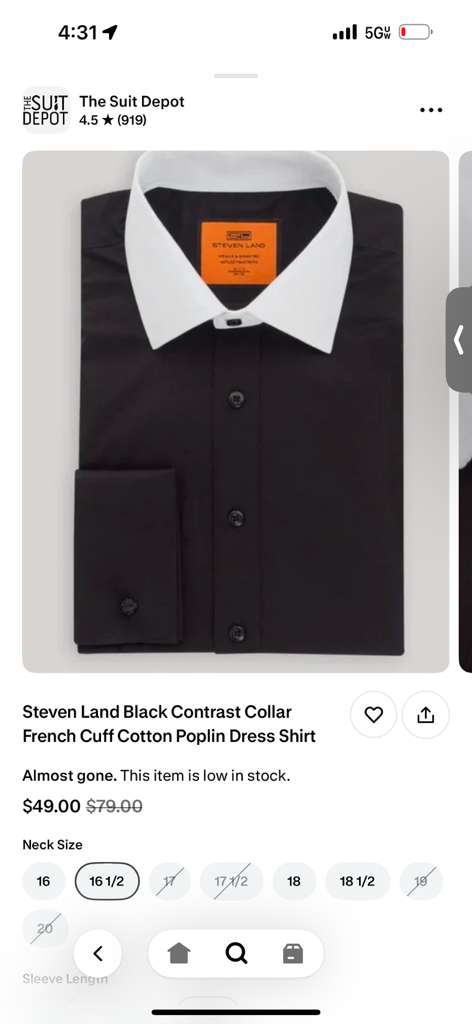 Mens Black Dress Shirt with White Contrast Collar | French Cuff Cotton Poplin Formal Button-Up Shirt