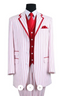 Men's 1920s-style zoot suit. White with red pinstripes. Includes tailored blazer, waistcoat, and pants. Comes with a red tie and pocket square for a complete, classic look.