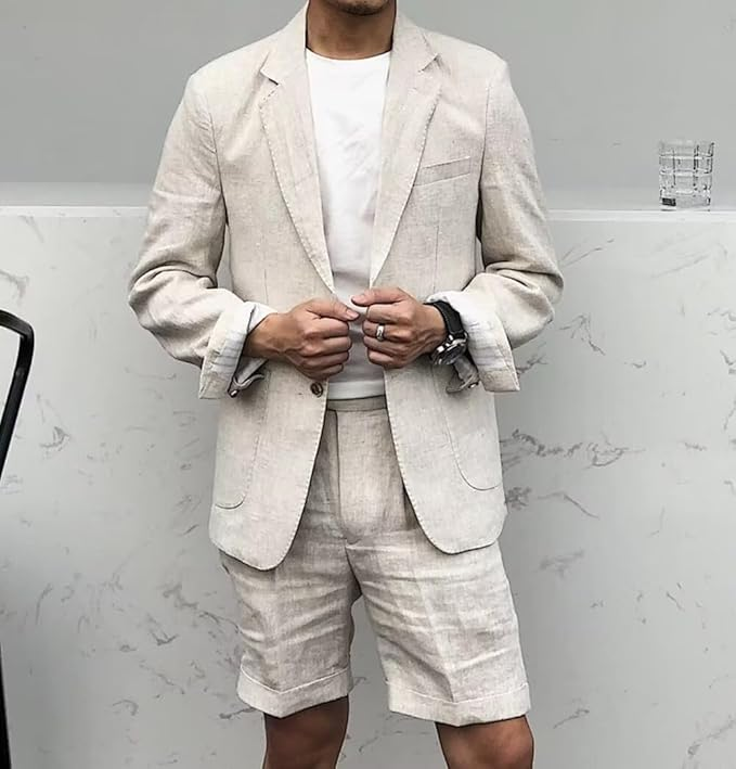 Men’s Tan Linen Suit with Shorts, 2 Piece Summer Short Suit, Casual Beach Wedding Outfit