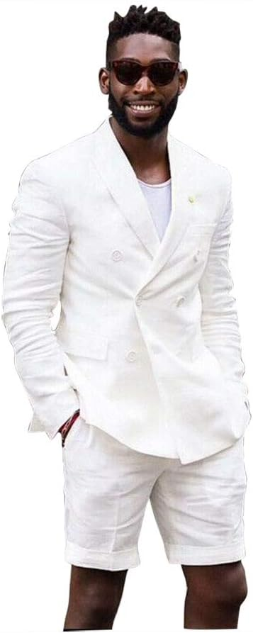 Men’s White Summer Suit with Shorts, 2 Piece Linen Style Wedding Beach Short Suit Set double breasted style