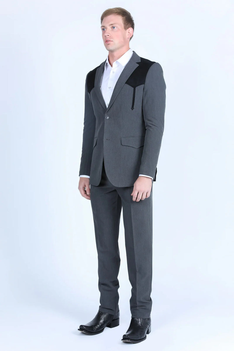 Men’s Dark Charcoal Western Blazer with Black Suede Yokes, Cowboy Sport Coat for Ranch Wedding and Country Events By Platini