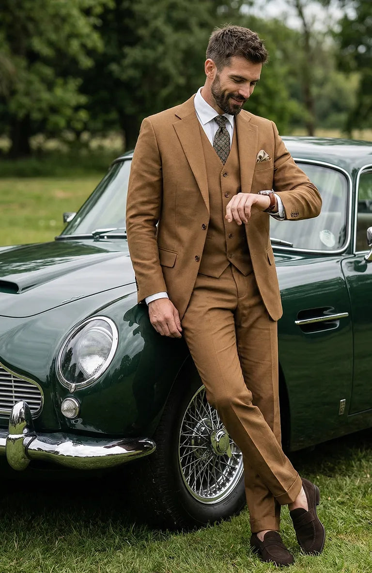 Men’s Tan Groom Outfit Country Wedding 3 Piece Suit Khaki Camel Color Modern Fit