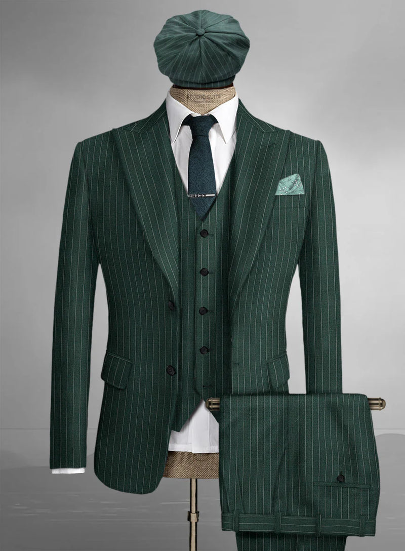 Men’s Hunter Green Pinstripe 3-Piece Suit – Vintage Wedding, Prom and Formal Suit with Matching Vest