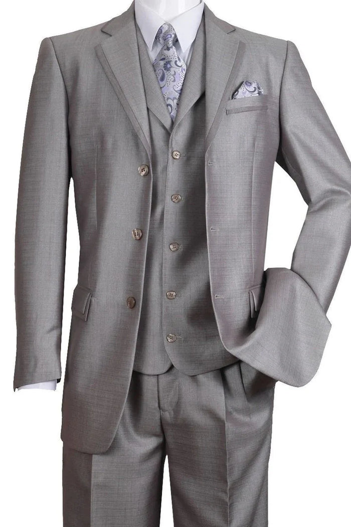 Men's light gray modern fit three-piece suit: jacket (notched lapel, pockets), vest (buttoned), and flat-front, tapered trousers. Smooth fabric, tailored fit.
