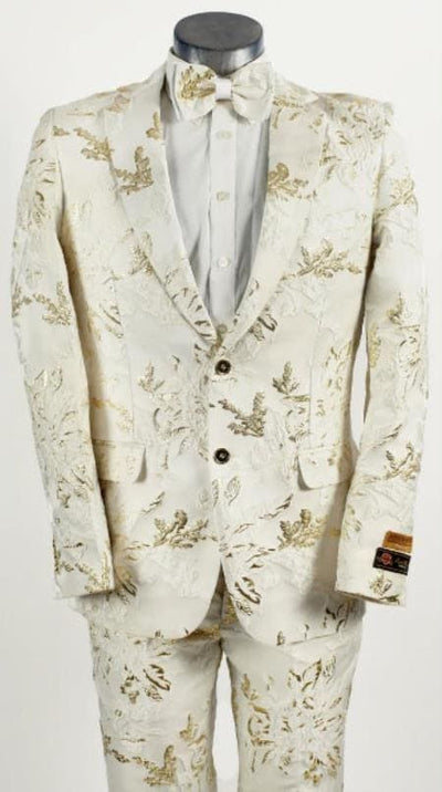 Alberto Nardoni men's white blazer with gold floral & leaf patterns. Thin, tailored fit, notched lapel, two-button closure, and front pockets. Stylish and elegant design.
