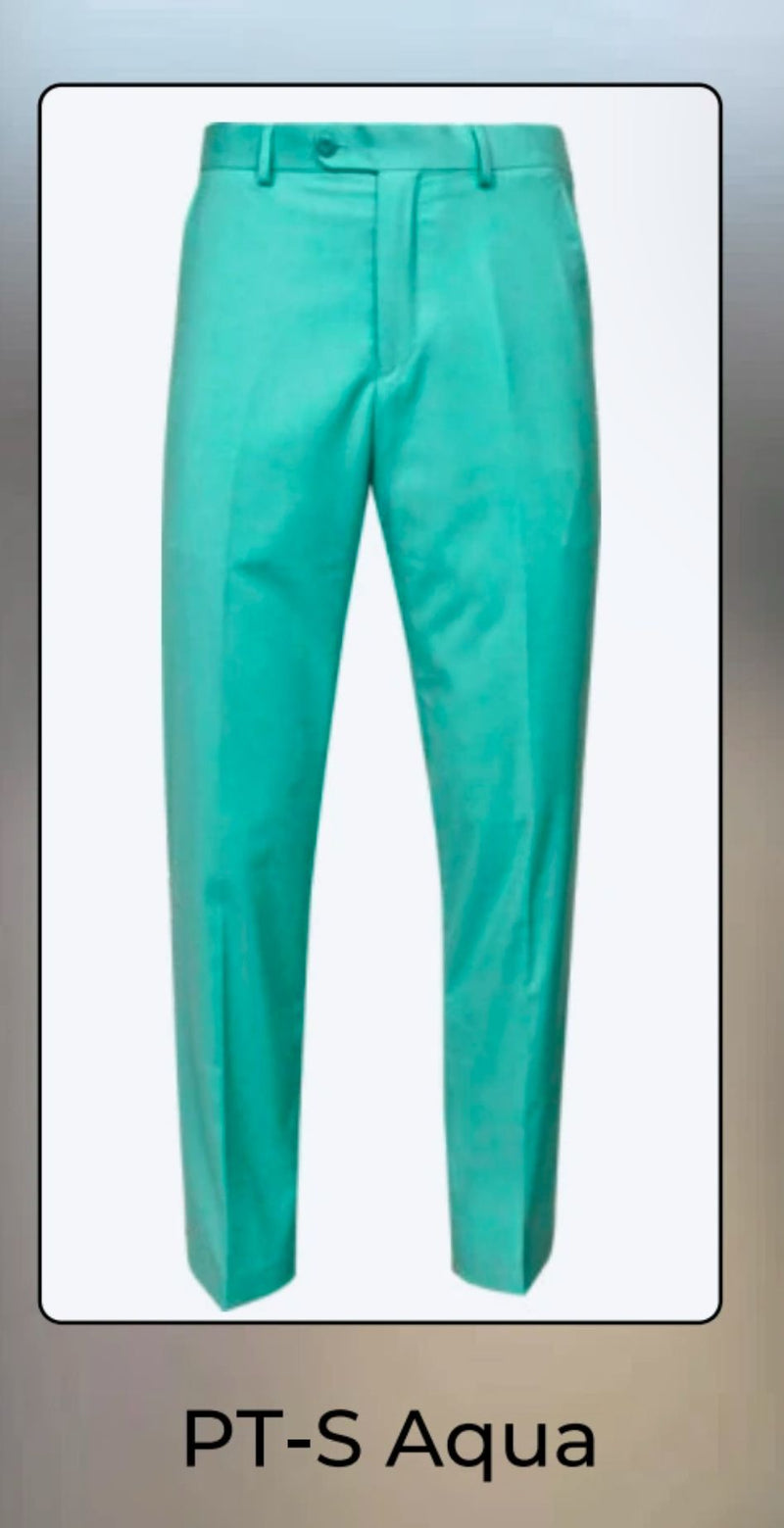 Men's slim-fit aqua dress pants with a straight leg. Smooth fabric in vibrant turquoise. Solid pattern.
