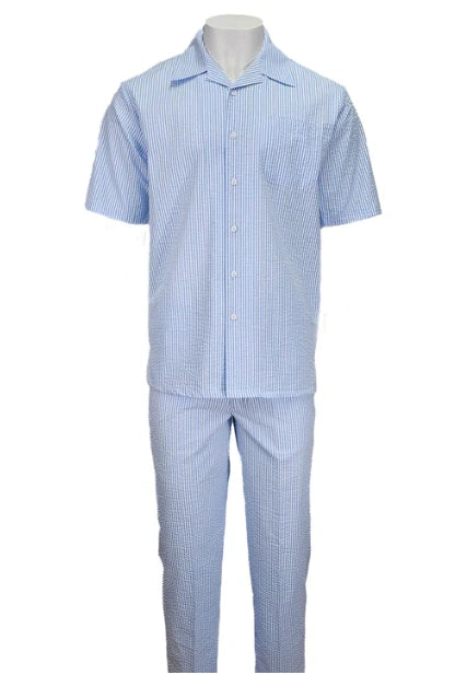 ens Light Blue Seersucker Walking Suit Set – Casual Summer Short Sleeve Outfit with Matching Pants Lightweight Two Piece Outfit