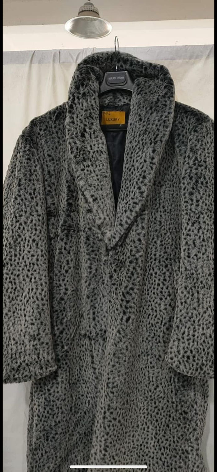 Men's luxury long grey faux fur coat with animal print. Soft, textured surface, wide lapel, and open front. Smooth inner lining.
