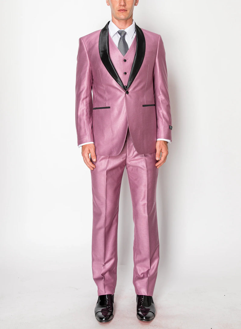 Men’s Shiny Mauve Pink 3 Piece Tuxedo – Wedding & Prom Suit with Black Shawl Lapel
