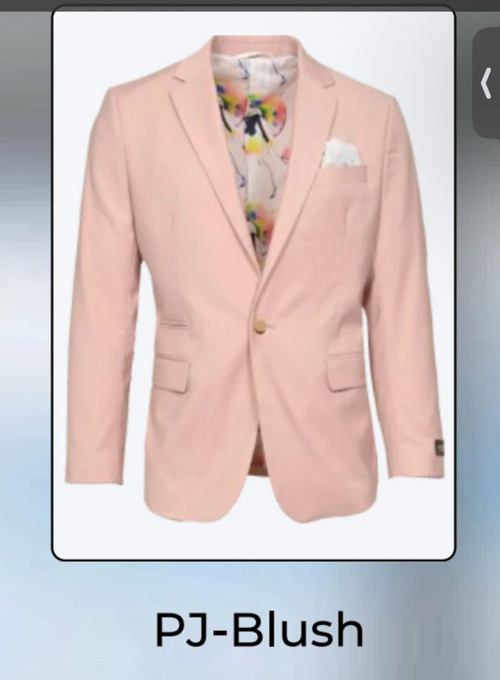 Men's blush pink slim fit blazer. Two-button closure, notch lapel. Smooth fabric, two front pockets, paisley lining. Stylish and refined.
