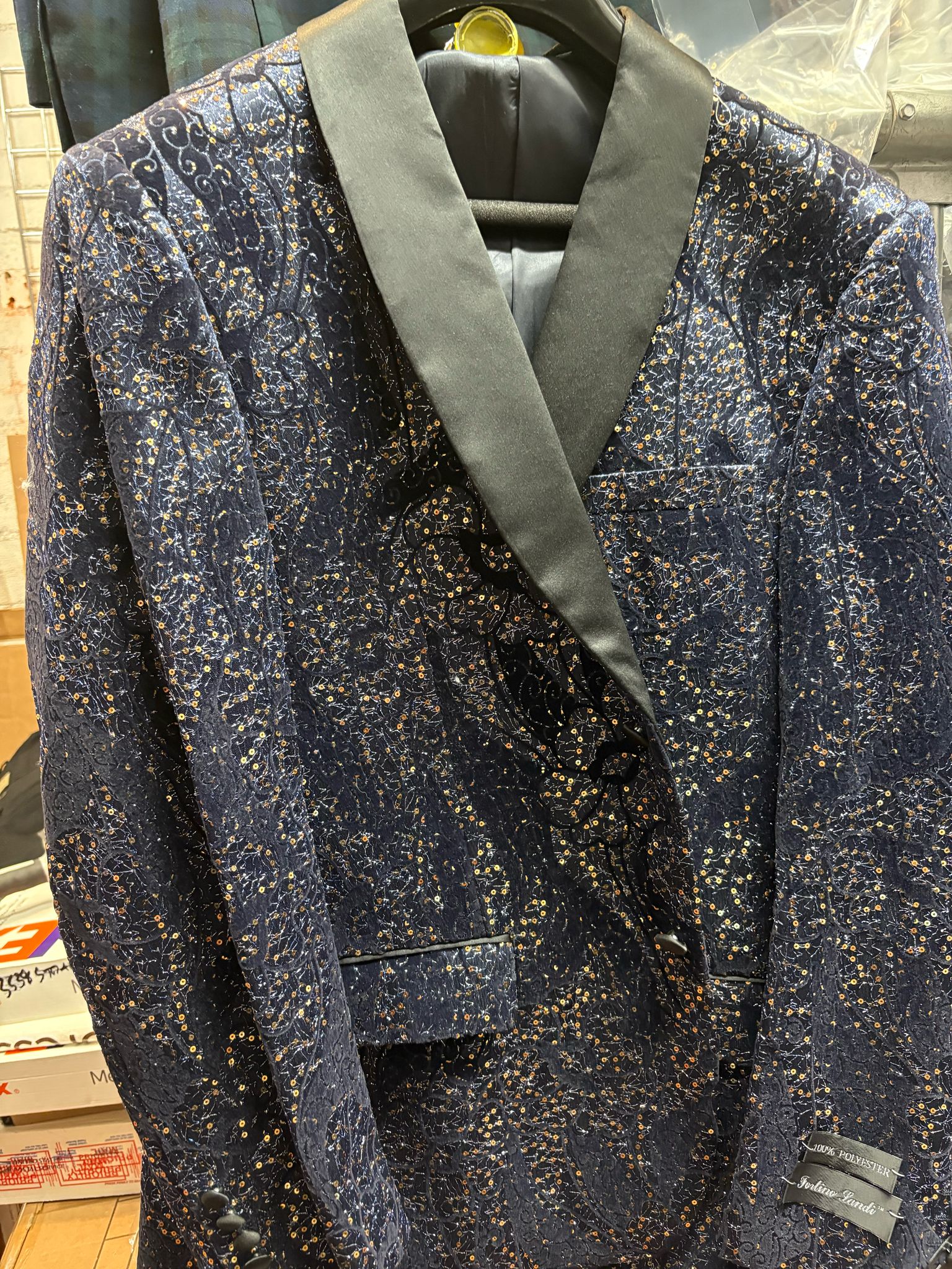Men’s Navy Blue Sequin Tuxedo Jacket with Black Satin Shawl Lapel – Luxury Prom and Wedding Blazer