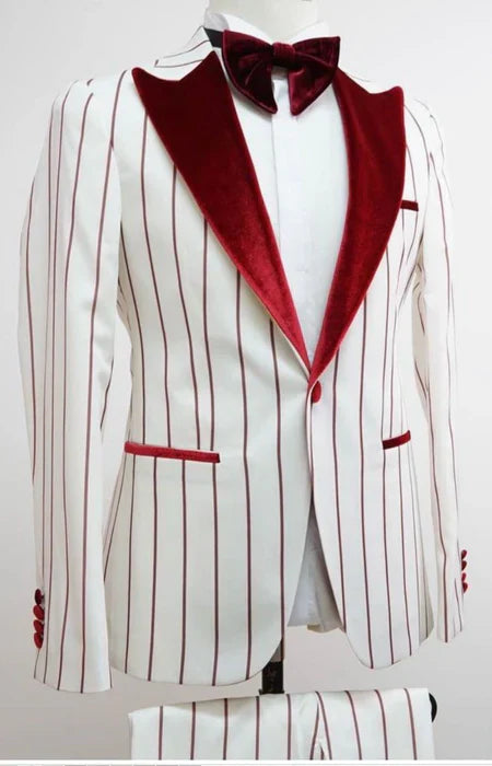 Men's white tuxedo with dark red pinstripes. Velvet shawl lapel, single-breasted, pocket detailing. Includes matching bow tie.
