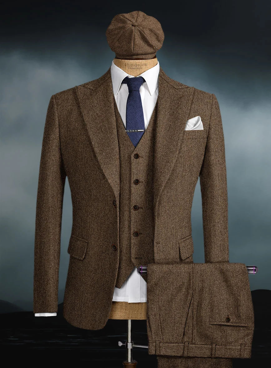 Men's Thomas Shelby Brown Tweed Herringbone 3-Piece Suit – Peaky Blinders 1920s Vintage-Style Suit with Matching Vest & Trousers