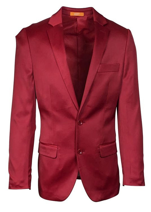 Burgundy satin slim-fit men's blazer. Features: notched lapel, long sleeves, two front pockets (one flap), single-button closure. Smooth, shiny maroon wine fabric. Unlined interior for elegant simplicity. Tailored silhouette.
