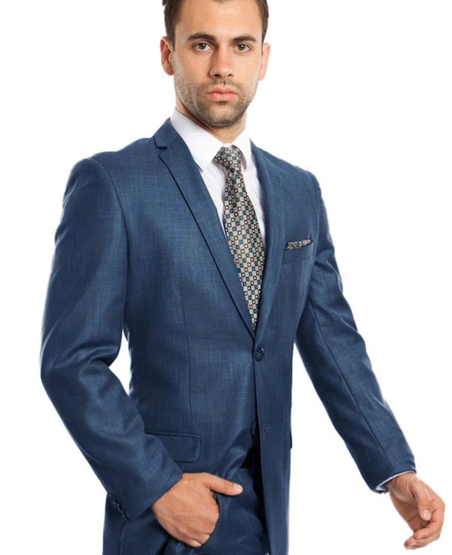 Men’s Indigo Blue Sharkskin Suit – Textured Shiny Formal Suit for Wedding, Business, 2 Buttons Slim Fitted