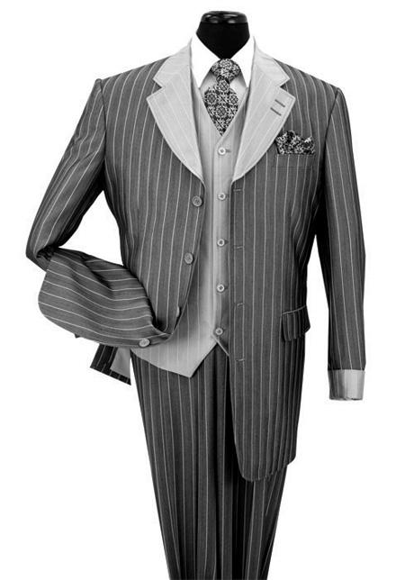 Men’s Grey Pinstripe Zoot Suit 3 Piece – 1920s Gangster Vintage Wide Lapel Suit with Vest for Wedding, Party
