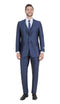 Men's navy 3-piece suit with a shiny finish. Includes a fitted jacket (notch lapels, single-button), vest, and matching trousers. Crafted from sleek material.