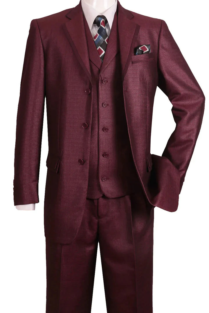 Men's burgundy three-piece suit: textured fabric, smooth finish. Blazer: notched collar, two buttons. Vest: five-button closure. Trousers: straight leg, side pockets. Solid burgundy.
