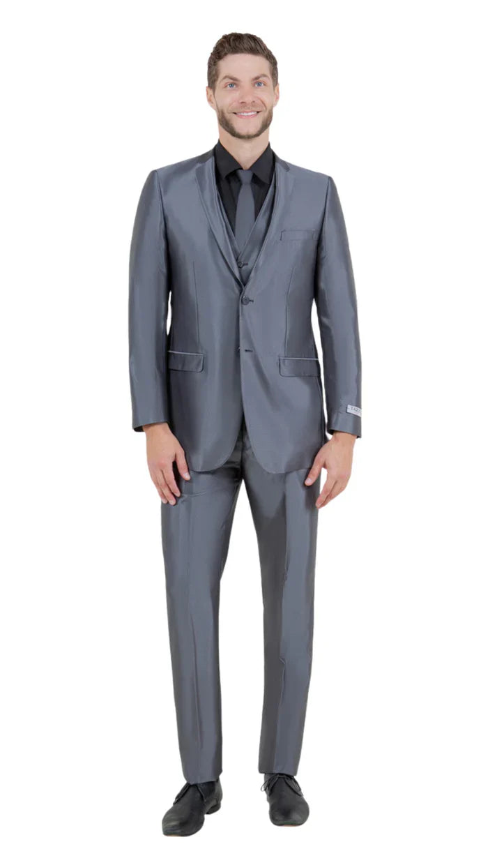 Men's dark grey shiny two-piece suit. Slim-fit jacket with notched lapel & flap pockets. Straight-leg tailored pants. Made of smooth, shiny material for a formal look.
