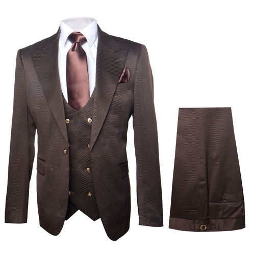 Chocolate brown 3-piece suit with textured fabric. Includes a notched lapel jacket, double-breasted vest (gold buttons), and matching trousers. Features a subtle pattern, paired with a brown tie and white shirt.