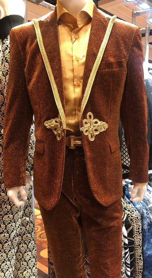 Bronze velvet men's suit: brown with metallic sheen. Gold trim blazer & matching pants. Includes gold button-up shirt.
